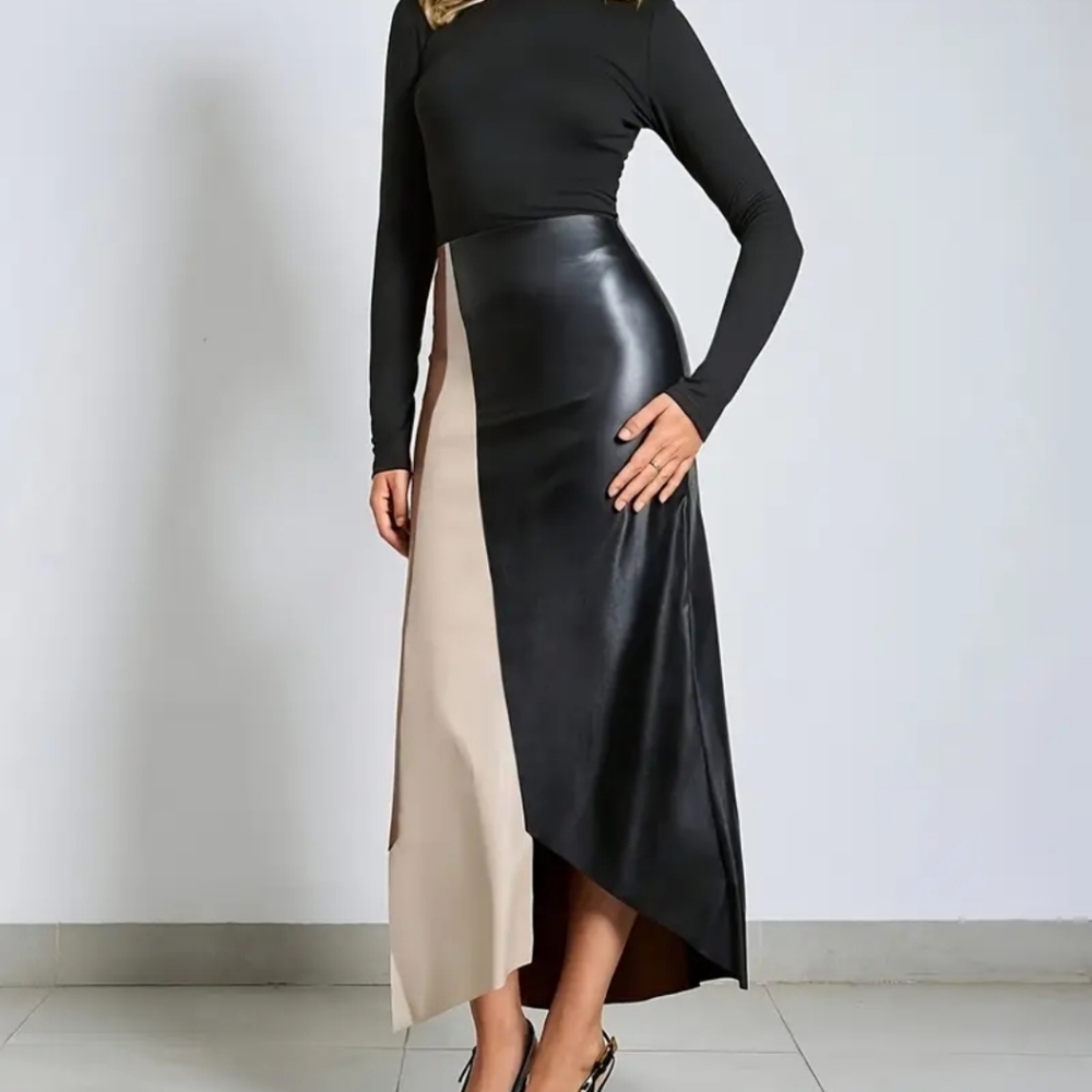 Elegant French-Inspired A-Line Midi Skirt for Women - Chic Black & Beige Two-Ton - Picture 2 of 4